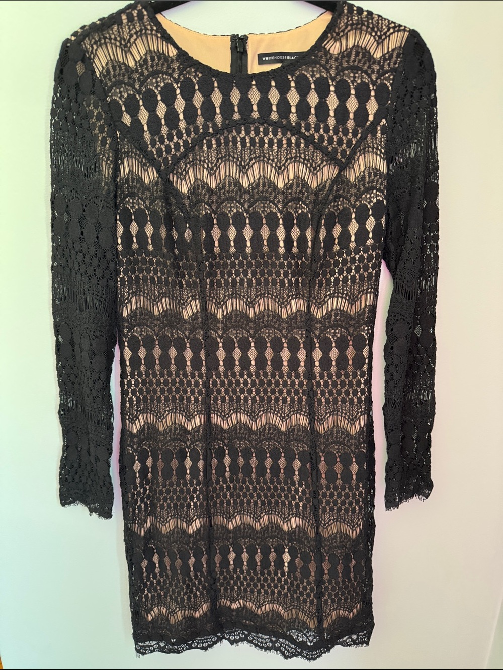 White House Black Market Black Lace Long-Sleeve Sheath Dress with Nude Lining